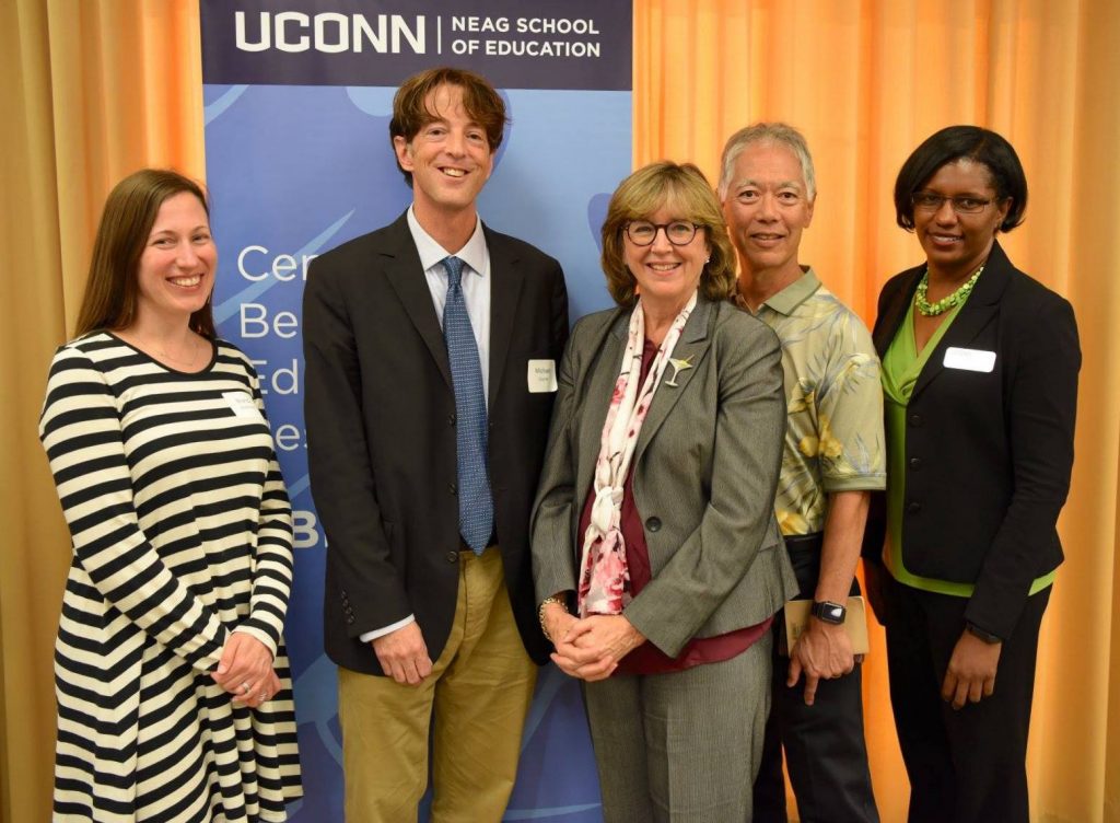 Dr. Brandi Simonsen, Dr. Michael Coyne, Vice Provost Sally Reis, Dr. George Sugai, and Dean Gladis Kersaint at 10th Anniversary Celebration for CBER (Center for Behavior Education & Research)